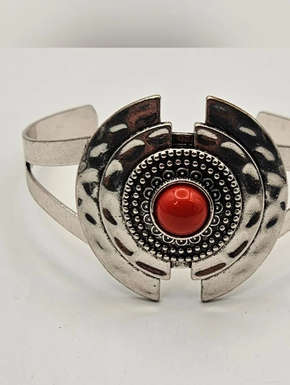 Cuff Bracelet Red Stone Silver Tone Hammered Statement